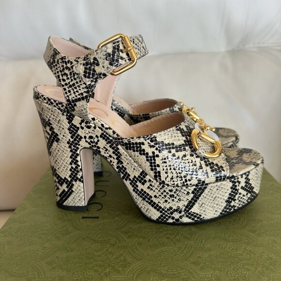 NEW Gucci Beige & Brown Python Horsebit Heeled Sandals Sz 40.5 - Picture 8 of 13